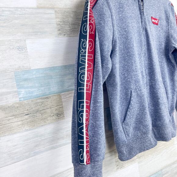 LEVIS Spellout Sleeve Hooded Sweatshirt Gray Full Zip Kangaroo Pocket Boys Large - Picture 2 of 5